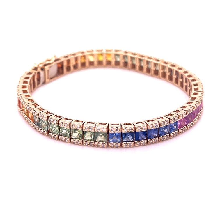 14K Yellow Gold Multi Sapphire Princess Cut With Diamond Bracelet 14.68 TCW