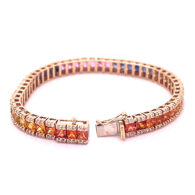 14K Yellow Gold Multi Sapphire Princess Cut With Diamond Bracelet 14.68 TCW